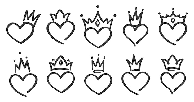 Cuori incoronati disegnati a mano. doodle principessa, re e regina corona sul cuore, corone d'amore di schizzo