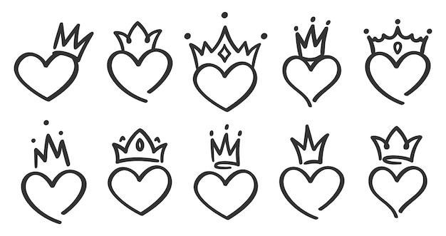 Free Vector hand drawn crowned hearts. doodle princess, king and queen crown on heart, sketch love crowns