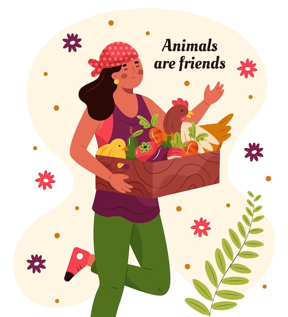 Hand-drawn cruelty-free and vegan concept with woman holding basket of vegetables