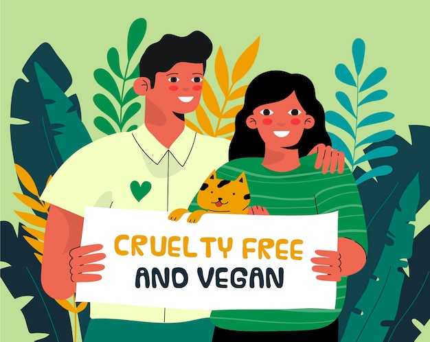 Vettore gratuito illustrazione cruelty free e vegana disegnata a mano con uomo e donna