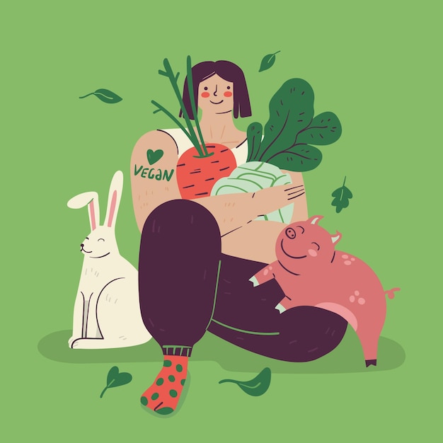 Vettore gratuito illustrazione cruelty free e vegana disegnata a mano con donna e animali