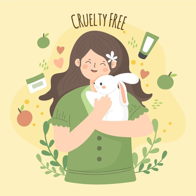 Hand drawn cruelty-free and vegan illustration with woman holding bunny