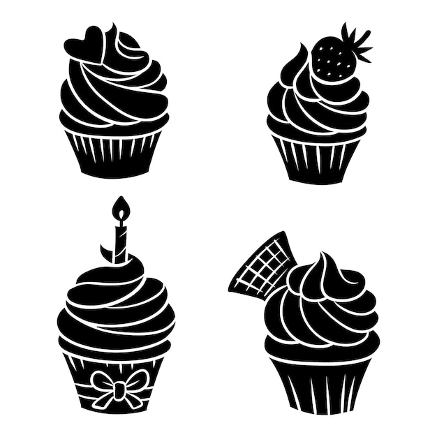 Hand drawn cupcake silhouette set