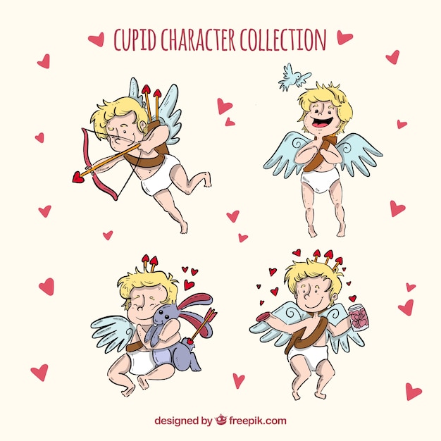 Vettore gratuito collezione di personaggi cupidi disegnata a mano