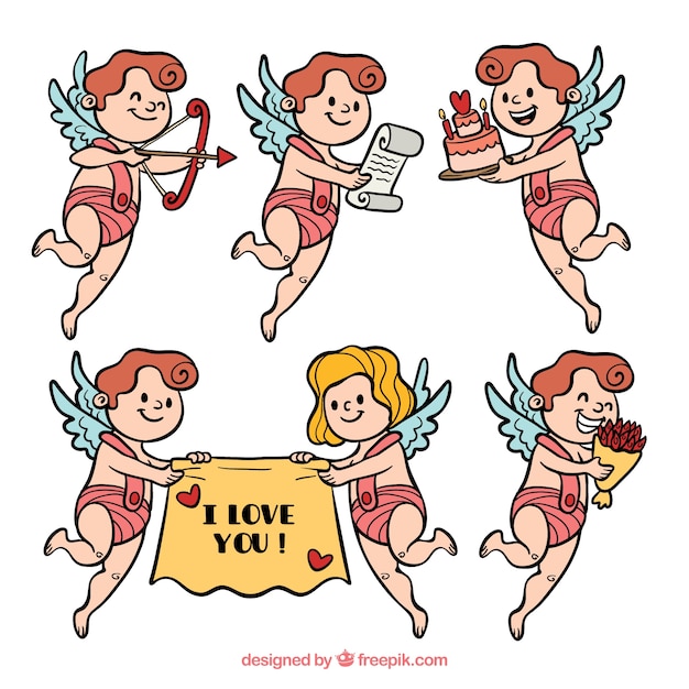 Collezione di charatteri di cupido disegnata a mano