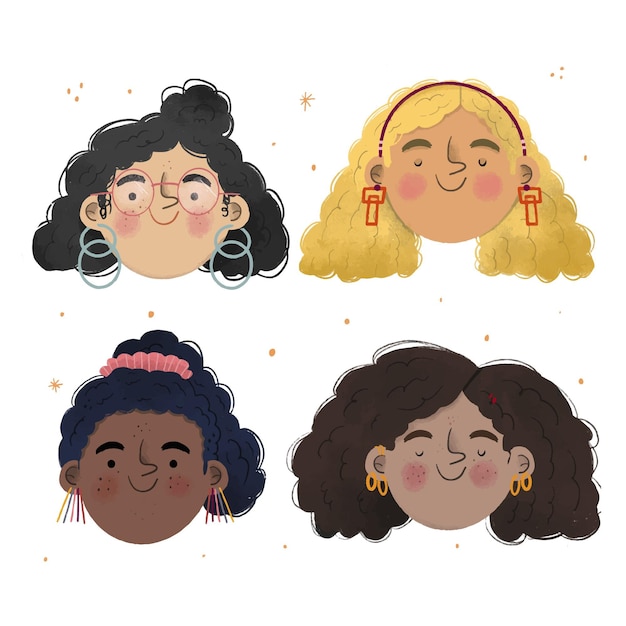 Hand-drawn curly hair types illustration