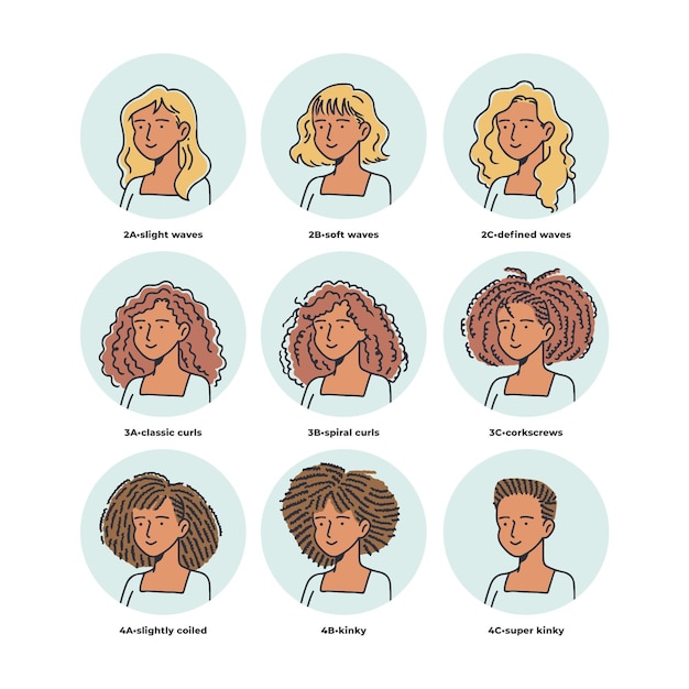 Hand-drawn curly hair types with women