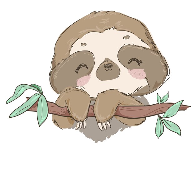 木のイラストに手描きのかわいい動物ナマケモノ プレミアムベクター