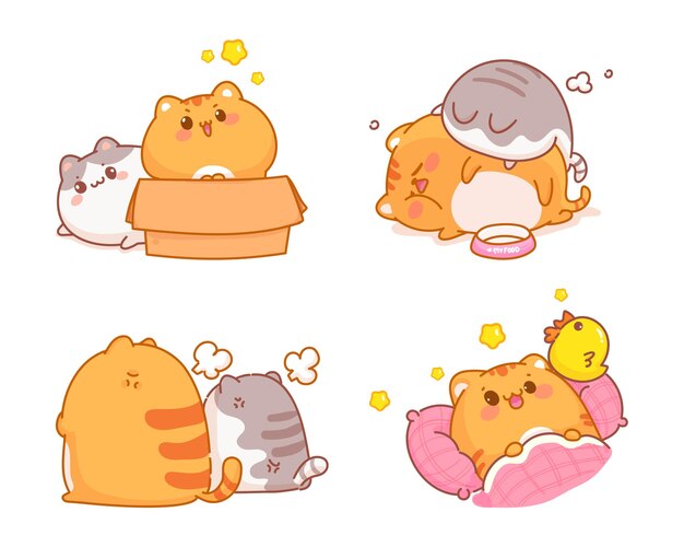 Нарисованная рукой иллюстрация шаржа коллекции милых кошек