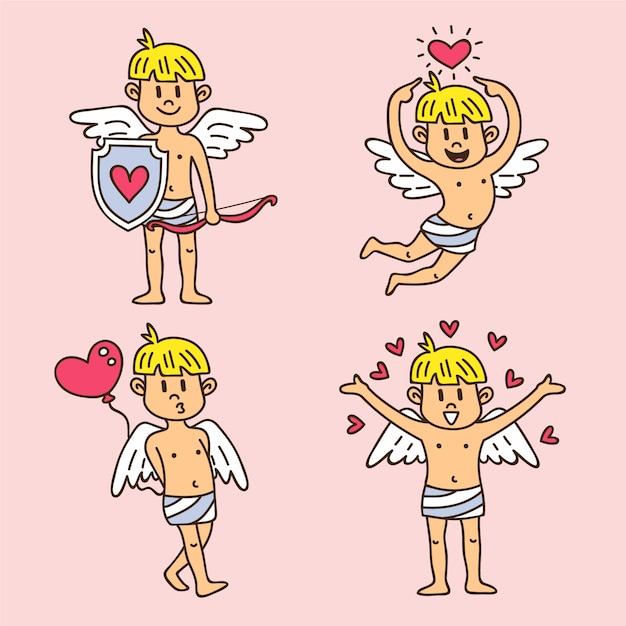 Vettore gratuito collezione di personaggi di cupido carino disegnato a mano