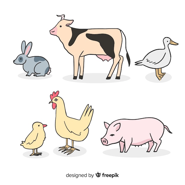 Free vector hand drawn cute farm animal collection