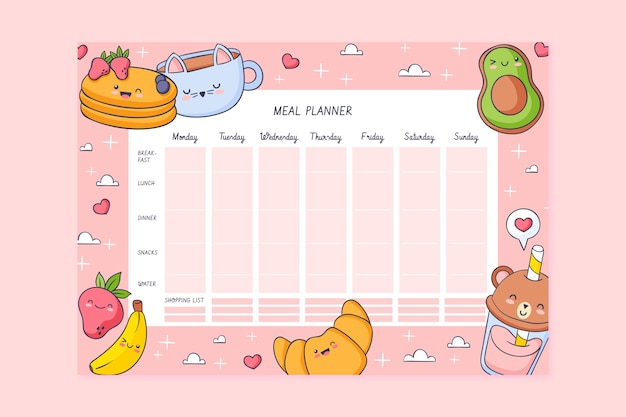 Hand drawn cute food meal planner template