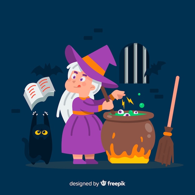Нарисованная от руки милая ведьма на Хэллоуин с черной кошкой