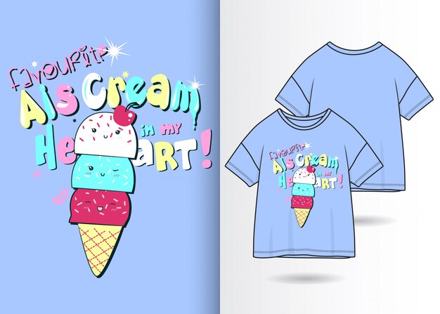 手描きのかわいいアイスクリームイラスト Tシャツデザイン プレミアムベクター