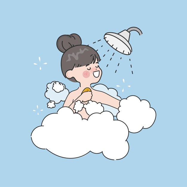 Hand drawn cute kid girl take shower in the bathroom character