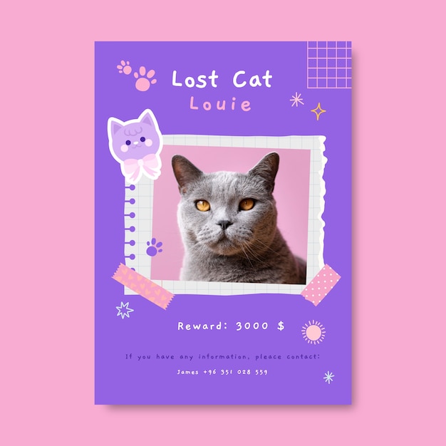 Hand drawn cute lost cat louie poster