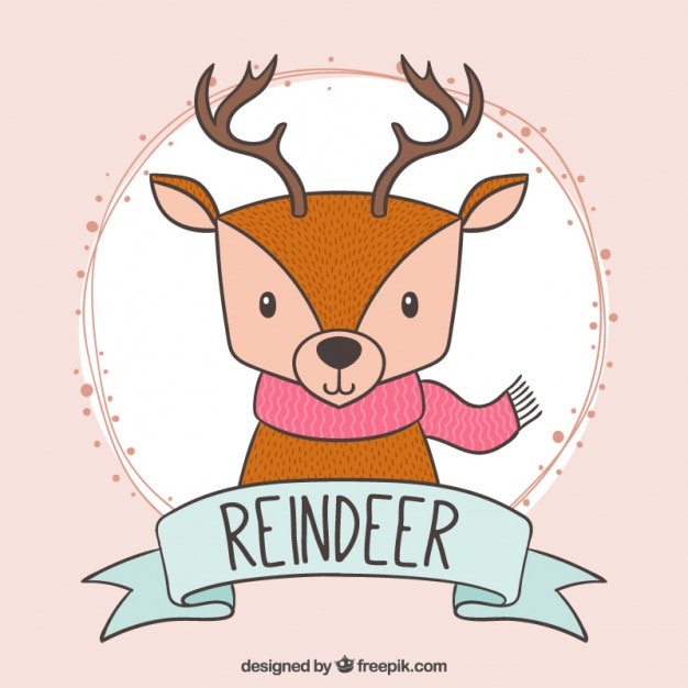 Free vector hand drawn cute reindeer with a pink scarf