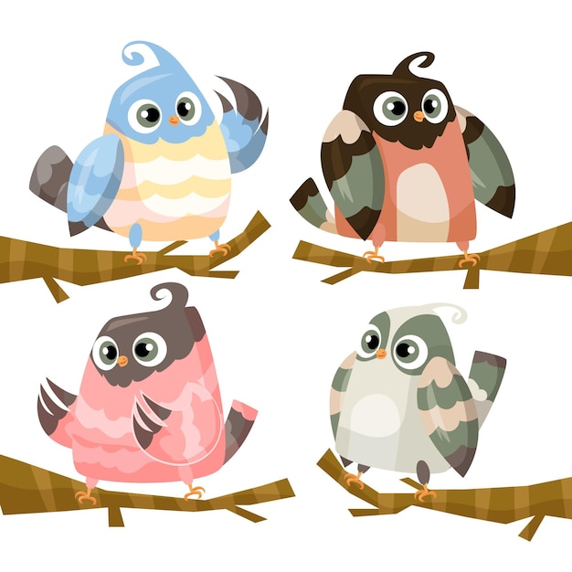 Free vector hand drawn cute robins on twigs set