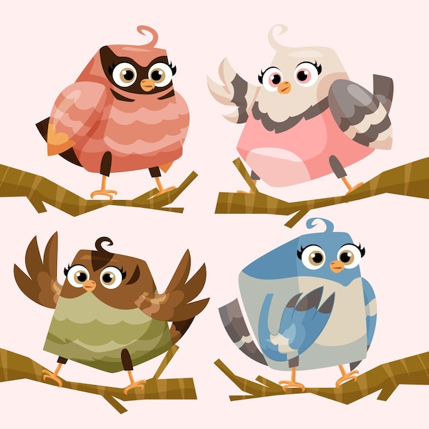 Free vector hand drawn cute robins on twigs