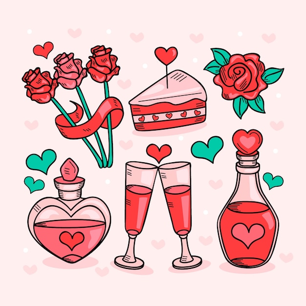 Collezione di elementi di san valentino carino disegnato a mano