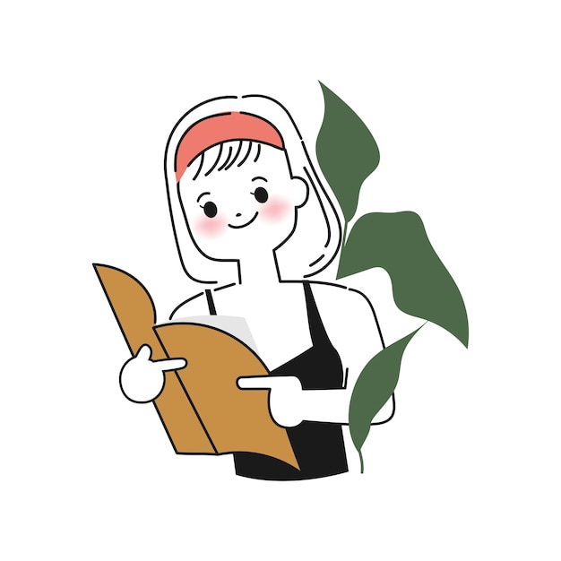 Hand drawn cute woman character reading a book Vector illustrations in doodle style