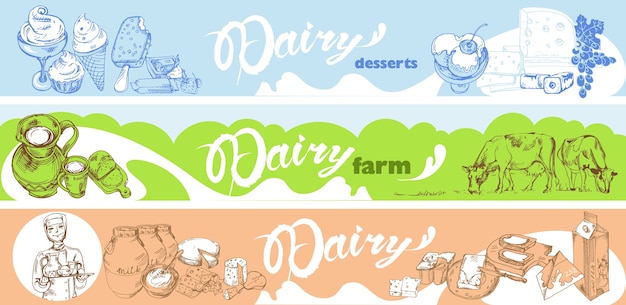 Hand drawn dairy horizontal banners