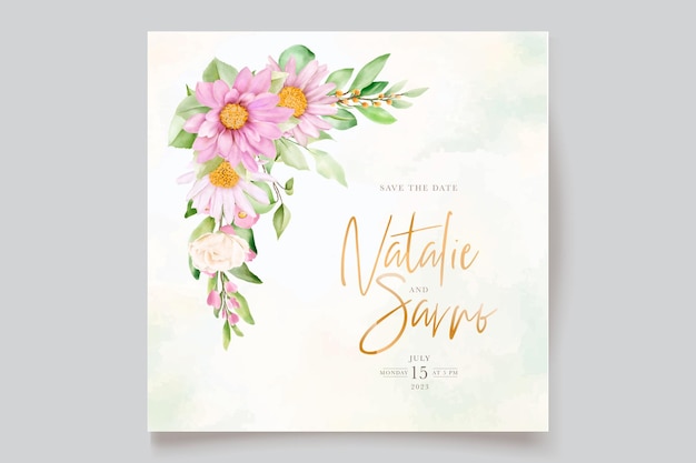 Hand drawn daisy watercolor floral and leaves invitation card set