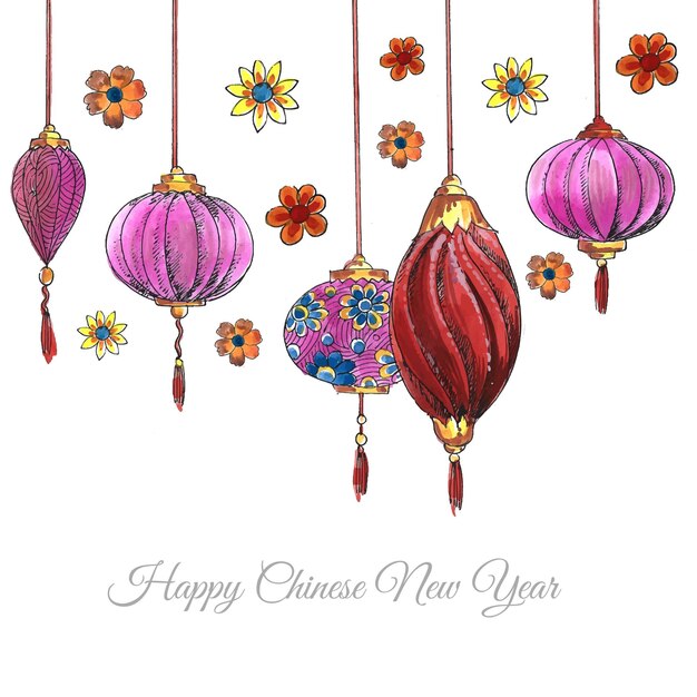 Hand drawn decorative chinese lanterns new year card background