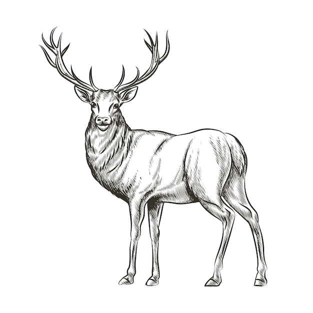 Cervo disegnato a mano. animale selvatico, corno e fauna selvatica della natura, renna di mammifero, corno cornuto, illustrazione vettoriale di schizzo