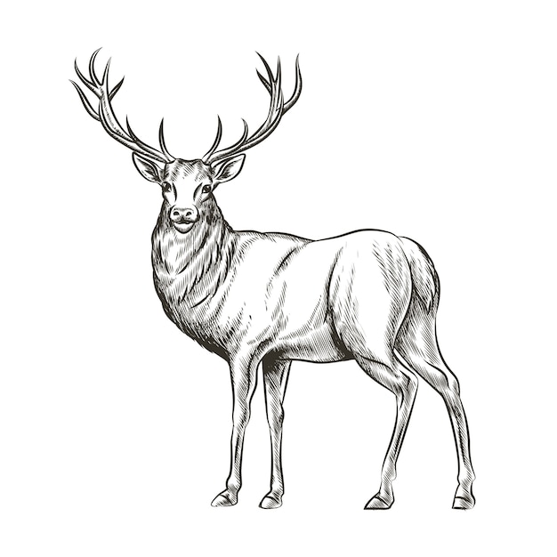 손으로 그린 된 사슴. 동물 야생, 뿔 및 자연 야생 동물, 포유류 순록, 뿔 뿔, 스케치 벡터 일러스트 레이션