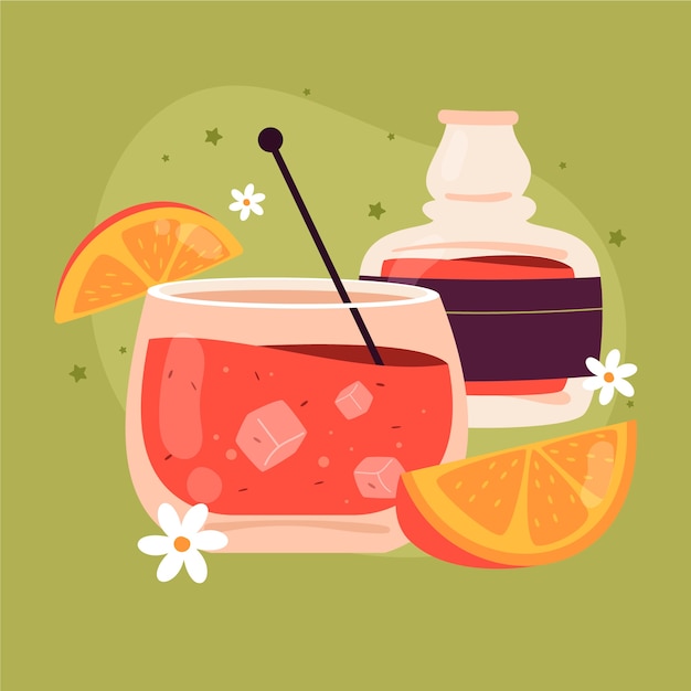 Hand drawn delicious cocktail and orange