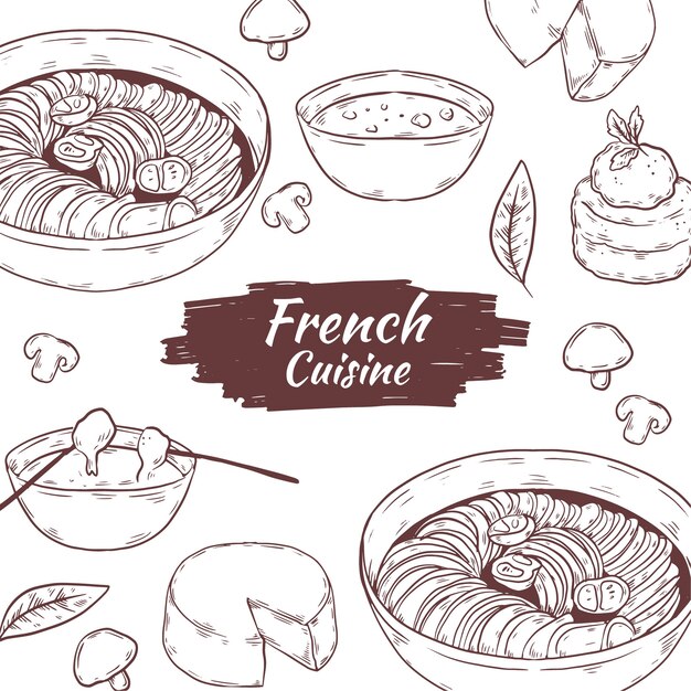 Hand drawn delicious french cuisine illustrated