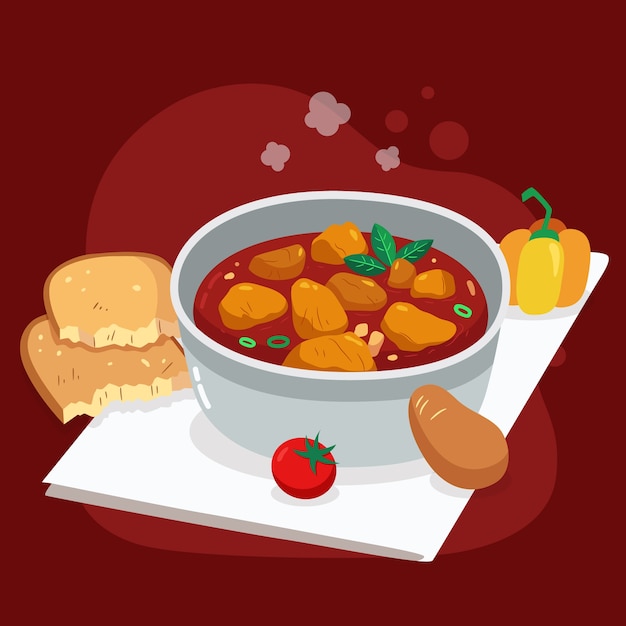 hand drawn delicious goulash and vegetables
