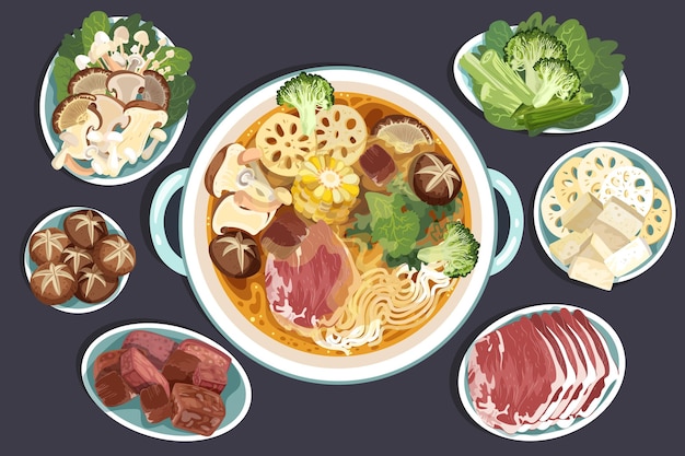 Hand drawn delicious hot pot on table