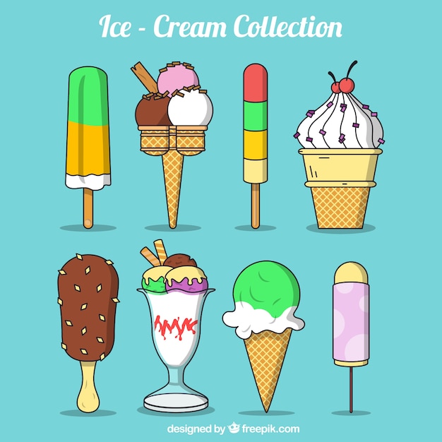 Hand drawn delicious ice creams and desserts set