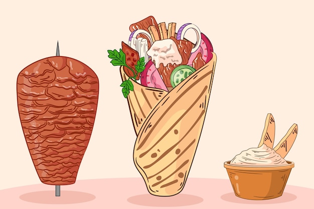 Vettore gratuito deliziosa illustrazione di shawarma disegnata a mano