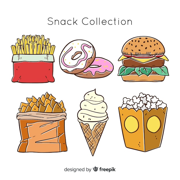 Vettore gratuito collezione di deliziosi snack disegnati a mano