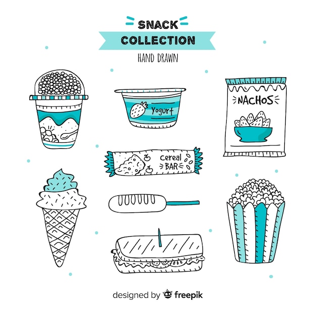 Collezione di deliziosi snack disegnati a mano