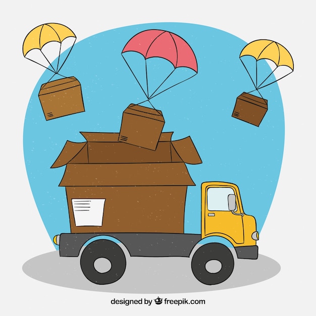 Hand drawn delivery truck and boxes with parachute