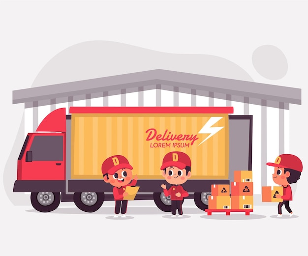 Hand drawn deliveryconcept with truck and people