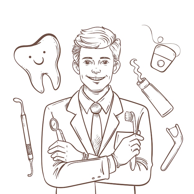 Бесплатное векторное изображение Иллюстрация рисунка стоматолога, нарисованная вручную