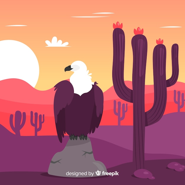Vettore gratuito fondo disegnato a mano di scena di tramonto del deserto
