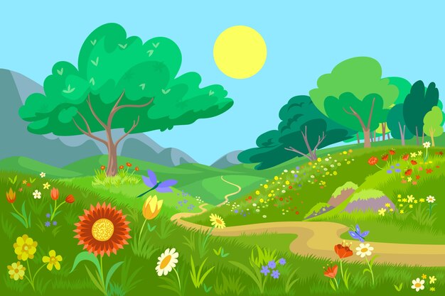 손으로 그린 디자인 아름다운 봄 풍경