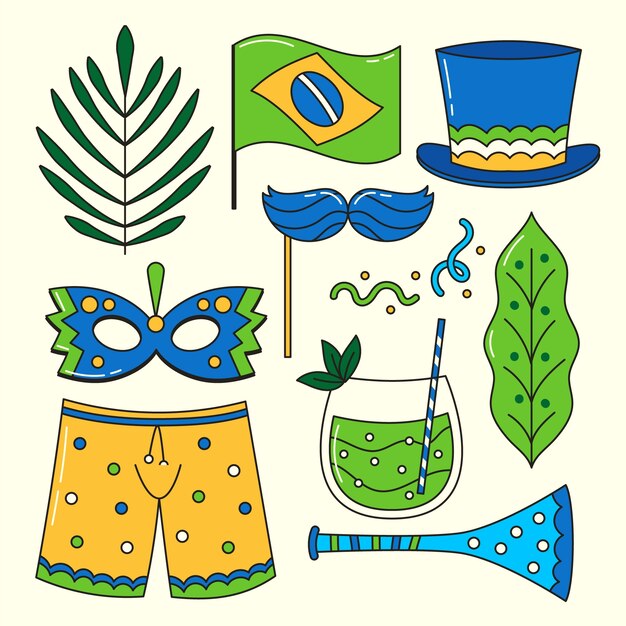 ブラジルのカーニバル祝賀のための手描きのデザイン要素コレクション