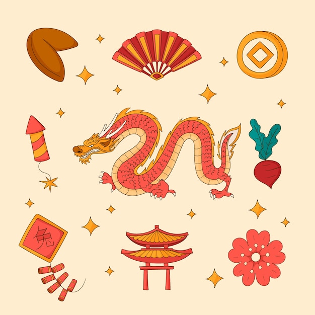 Hand drawn design elements collection for chinese new year festival