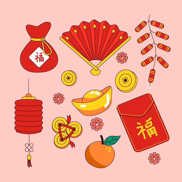 Vettore gratuito collezione di elementi di design disegnati a mano per il festival del capodanno cinese