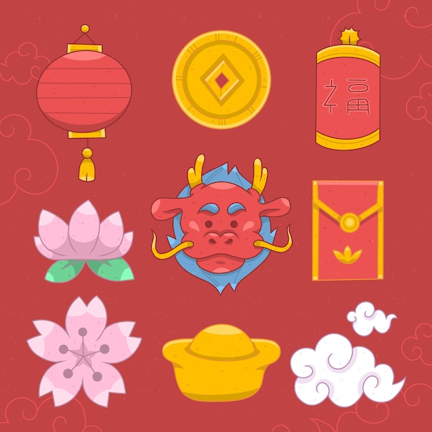 Free vector hand drawn design elements collection for chinese new year festival