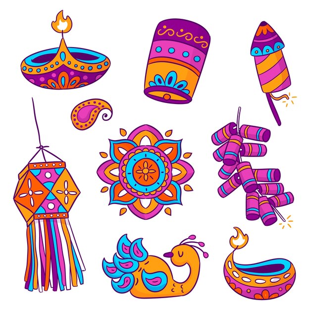 Free Vector hand drawn design elements collection for diwali festival celebration