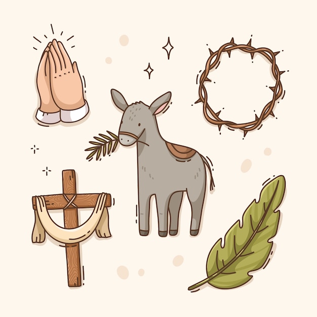 Vettore gratuito collezione di elementi di design disegnati a mano per palm sunday.