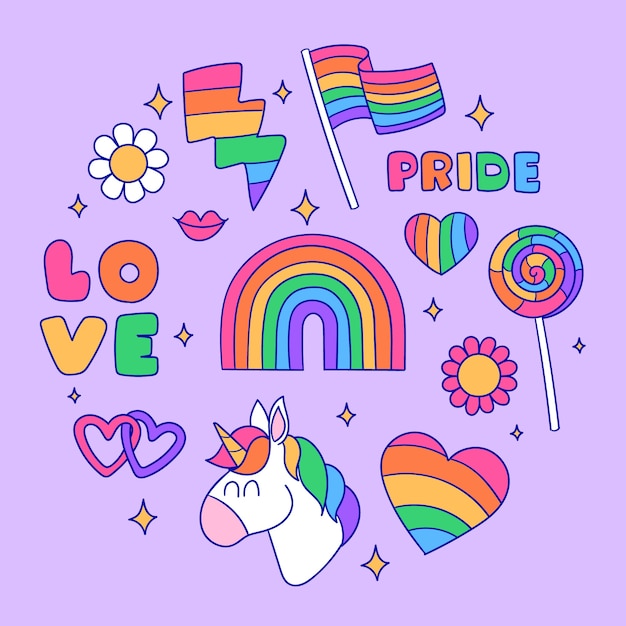 Free vector hand drawn design elements collection for pride month celebration